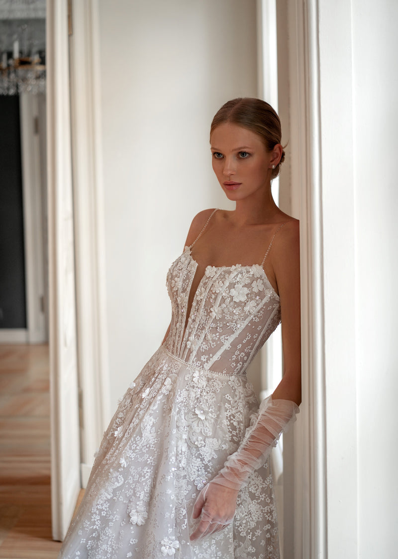 A-Line Spaghetti Strap Sparkly Wedding Gown with 3D Flowers HAREM's Brides A-Line Spaghetti Strap Sparkly Wedding Gown with 3D Flowers HAREM's Brides