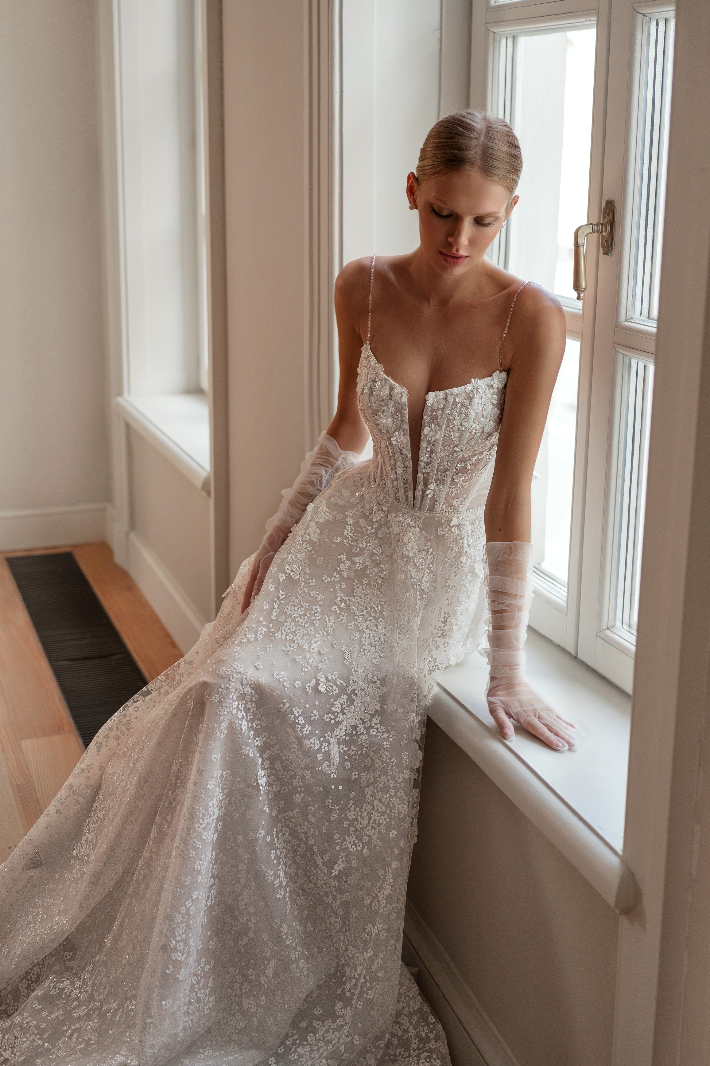 A-Line Spaghetti Strap Sparkly Wedding Gown with 3D Flowers Made to Measure