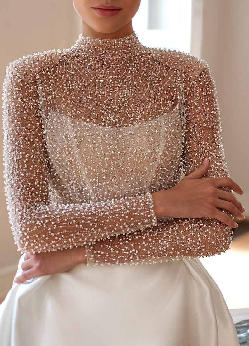 Elegant Illusion Long Sleeve High Neck A-Line Wedding Dress With Pearl HAREM's Brides Elegant Illusion Long Sleeve High Neck A-Line Wedding Dress With Pearl HAREM's Brides