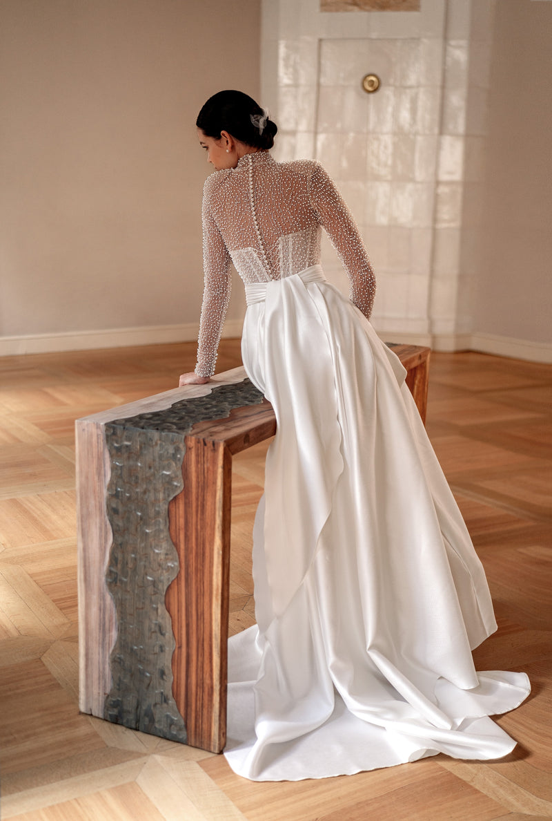 Elegant Illusion Long Sleeve High Neck A-Line Wedding Dress With Pearl HAREM's Brides Elegant Illusion Long Sleeve High Neck A-Line Wedding Dress With Pearl HAREM's Brides