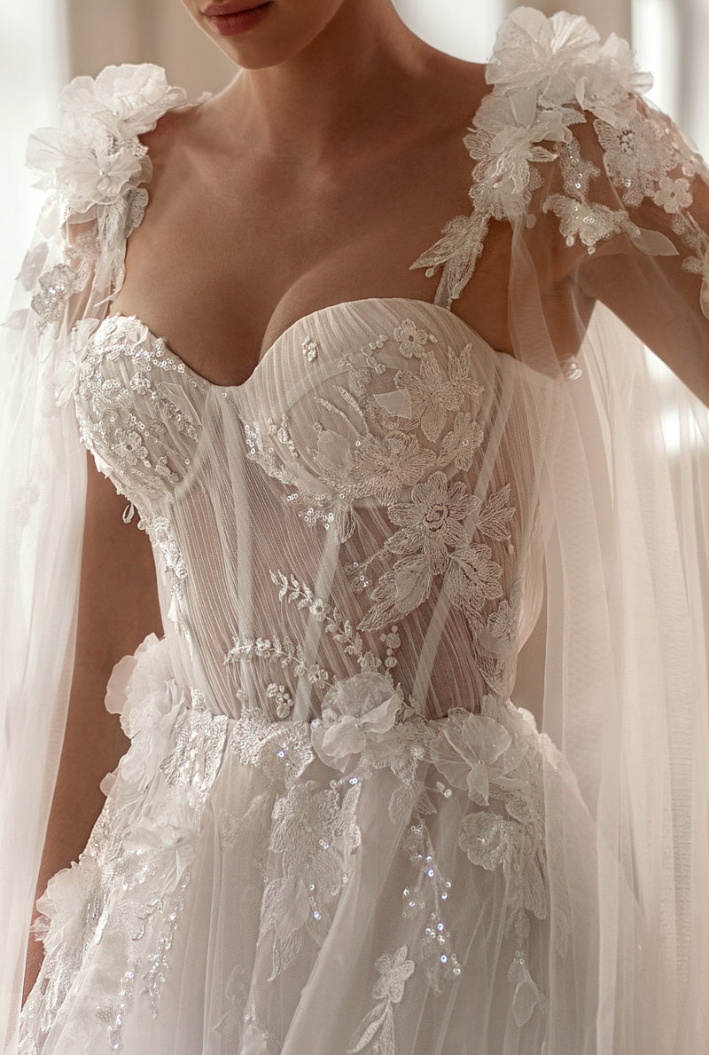 Sweetheart Bodice A-Line Tulle Wedding Dress with 3D Flowers and Removable Wings Made to Measure Sweetheart Bodice A-Line Tulle Wedding Dress with 3D Flowers and Removable Wings Made to Measure