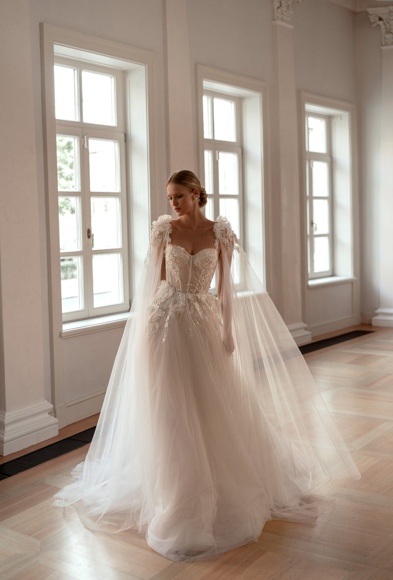 Sweetheart Bodice A-Line Tulle Wedding Dress with 3D Flowers and Remov HAREM's Brides Sweetheart Bodice A-Line Tulle Wedding Dress with 3D Flowers and Remov HAREM's Brides