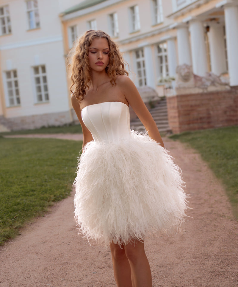 Strapless Satin Mini Wedding Dress with Feather Skirt | Moonlight Soire Atelier Strapless Satin Mini Wedding Dress with Feather Skirt | Moonlight Soire Atelier