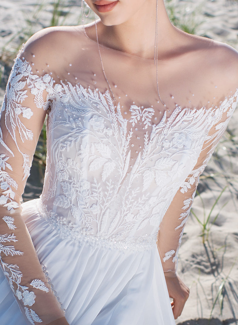 Vestido de novia de corte A, manga larga, transparente, con hombros descubiertos y abertura