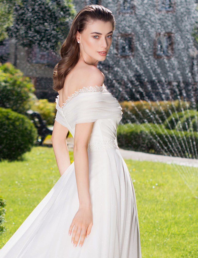 Robe de mariée trapèze minimaliste brillante à épaules dénudées