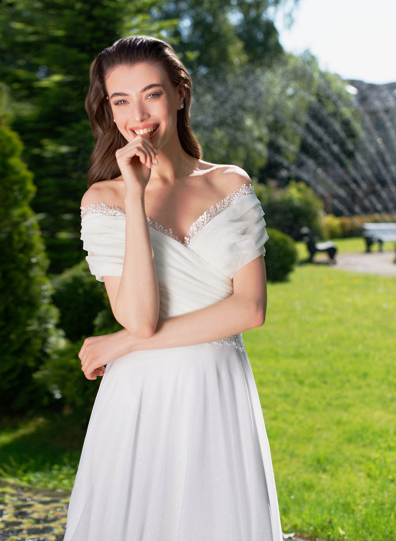 Minimalist Shiny Off-Shoulder A-Line Wedding Dress HAREM's Brides Minimalist Shiny Off-Shoulder A-Line Wedding Dress HAREM's Brides