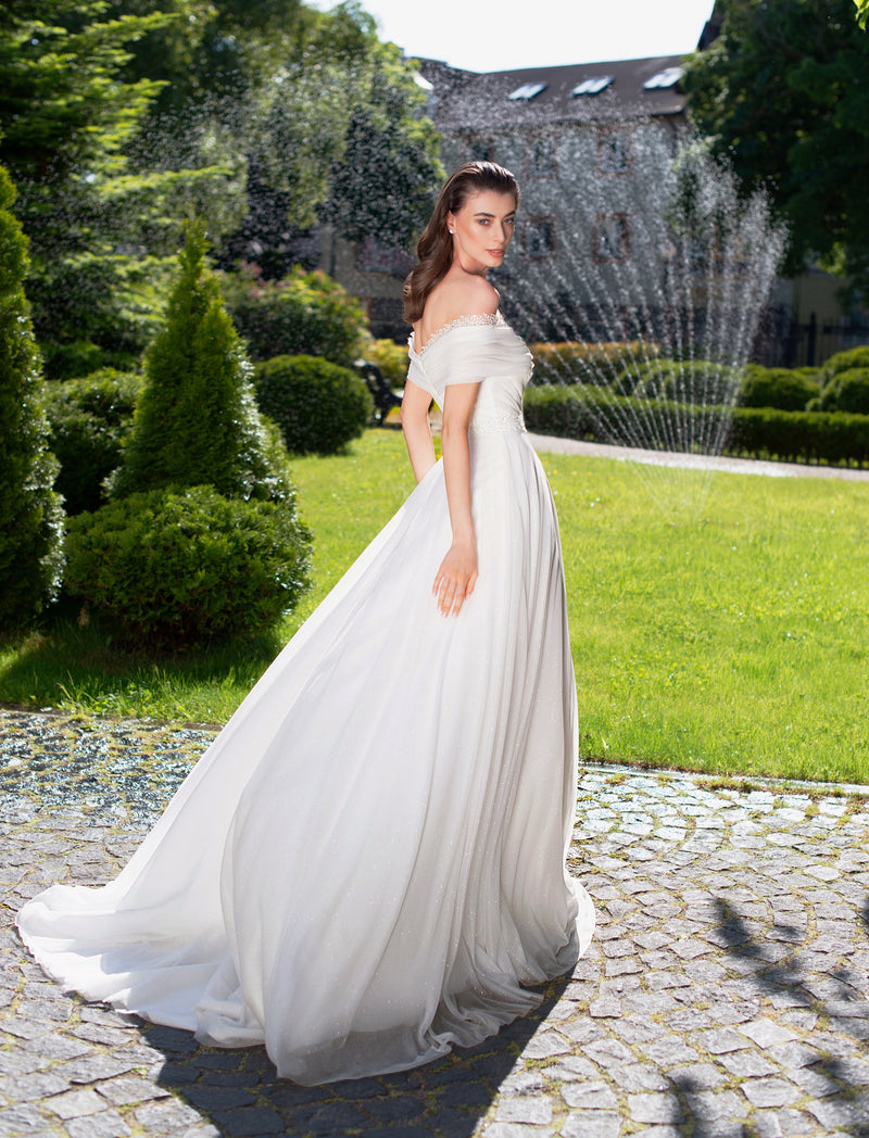 Minimalist Shiny Off-Shoulder A-Line Wedding Dress HAREM's Brides Minimalist Shiny Off-Shoulder A-Line Wedding Dress HAREM's Brides