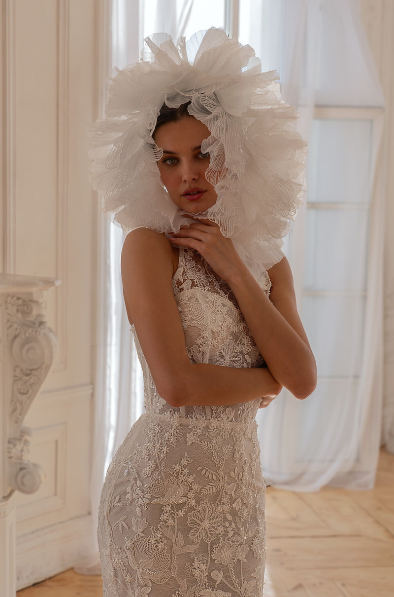 ruffled organza mermaid wedding dress Ethereal Lace and Organza Mermaid Wedding Dress with Detachable Ruffle –  HAREM's Brides