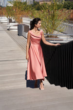 Square Neckline Fit and Flare Silhouette Midi Silk Dress