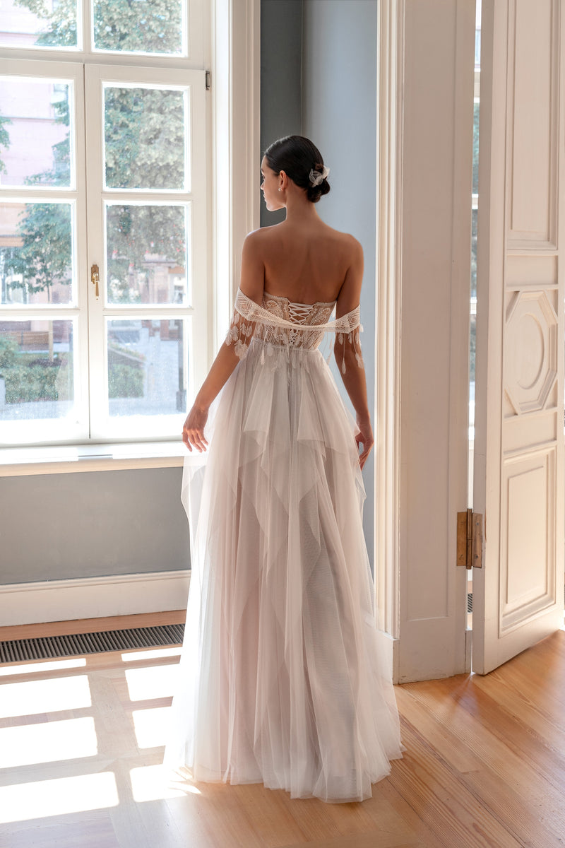 Bohemian A-Line Layers Wedding Dress with Removable Sleeves HAREM's Brides Bohemian A-Line Layers Wedding Dress with Removable Sleeves HAREM's Brides