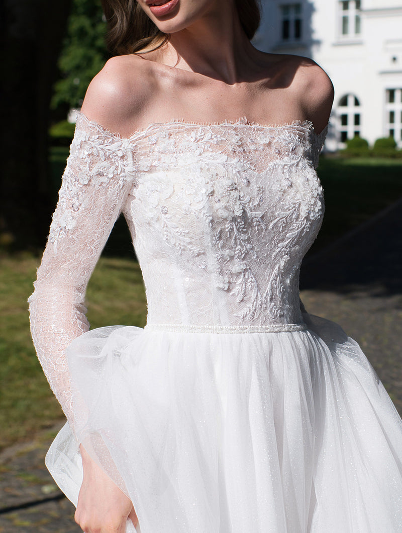 Off-Shoulder A-Line Long Sleeve Bridal Gown