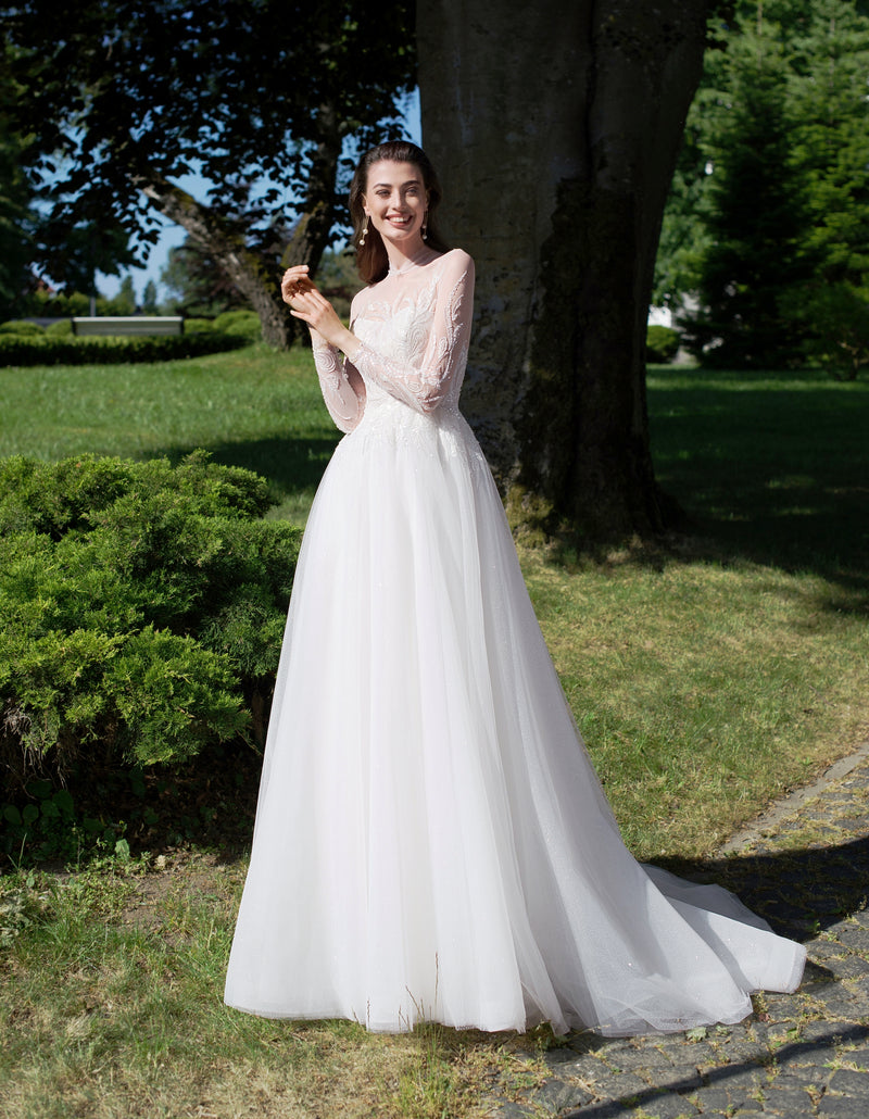 Vestido de novia elegante, transparente, de manga larga, con cuello de ilusión y corte en A