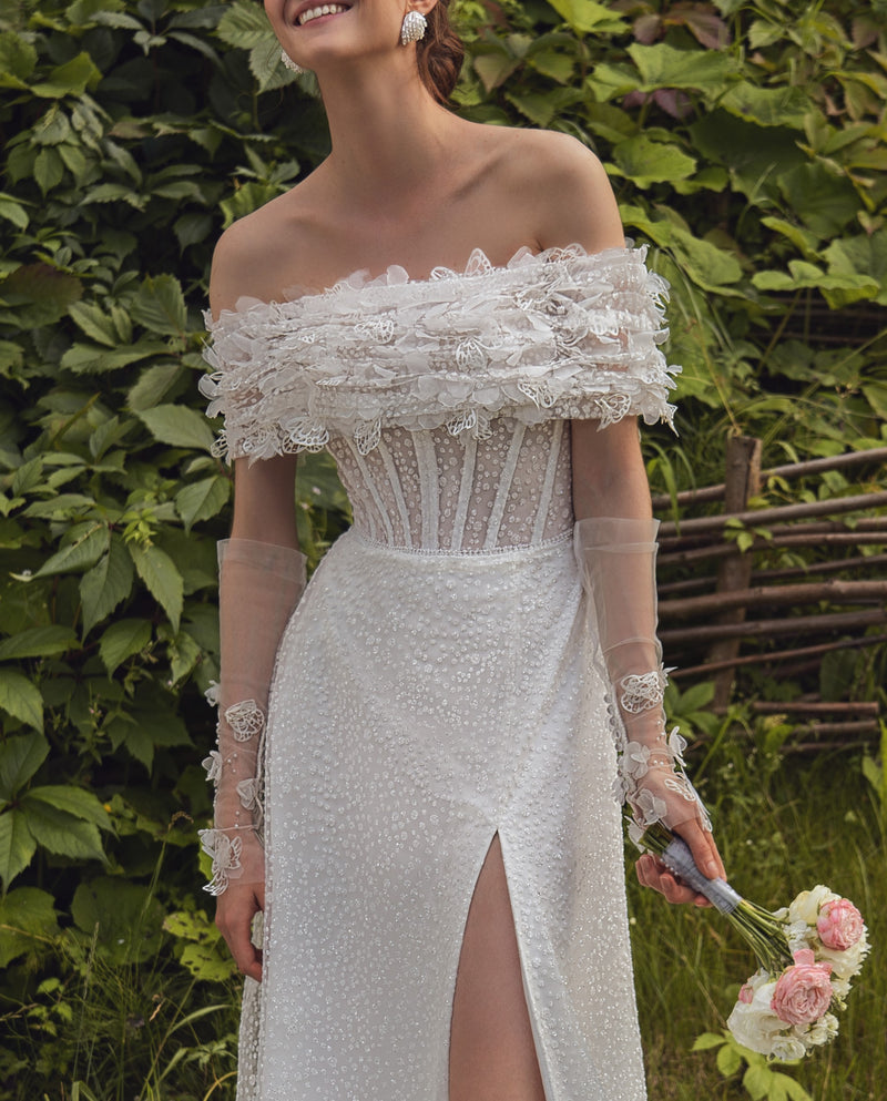Off-the-shoulder Glitter Wedding Dress with a Front Slit