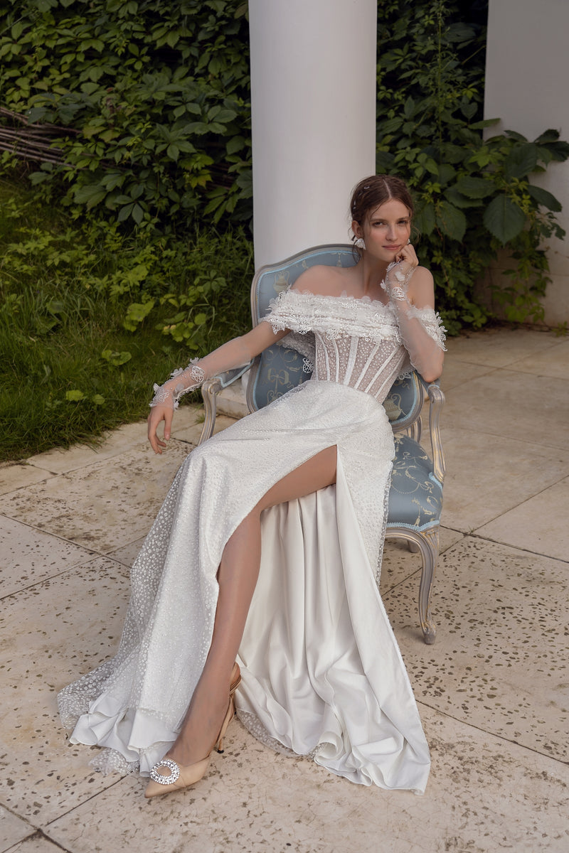 Off-the-shoulder Glitter Wedding Dress with a Front Slit