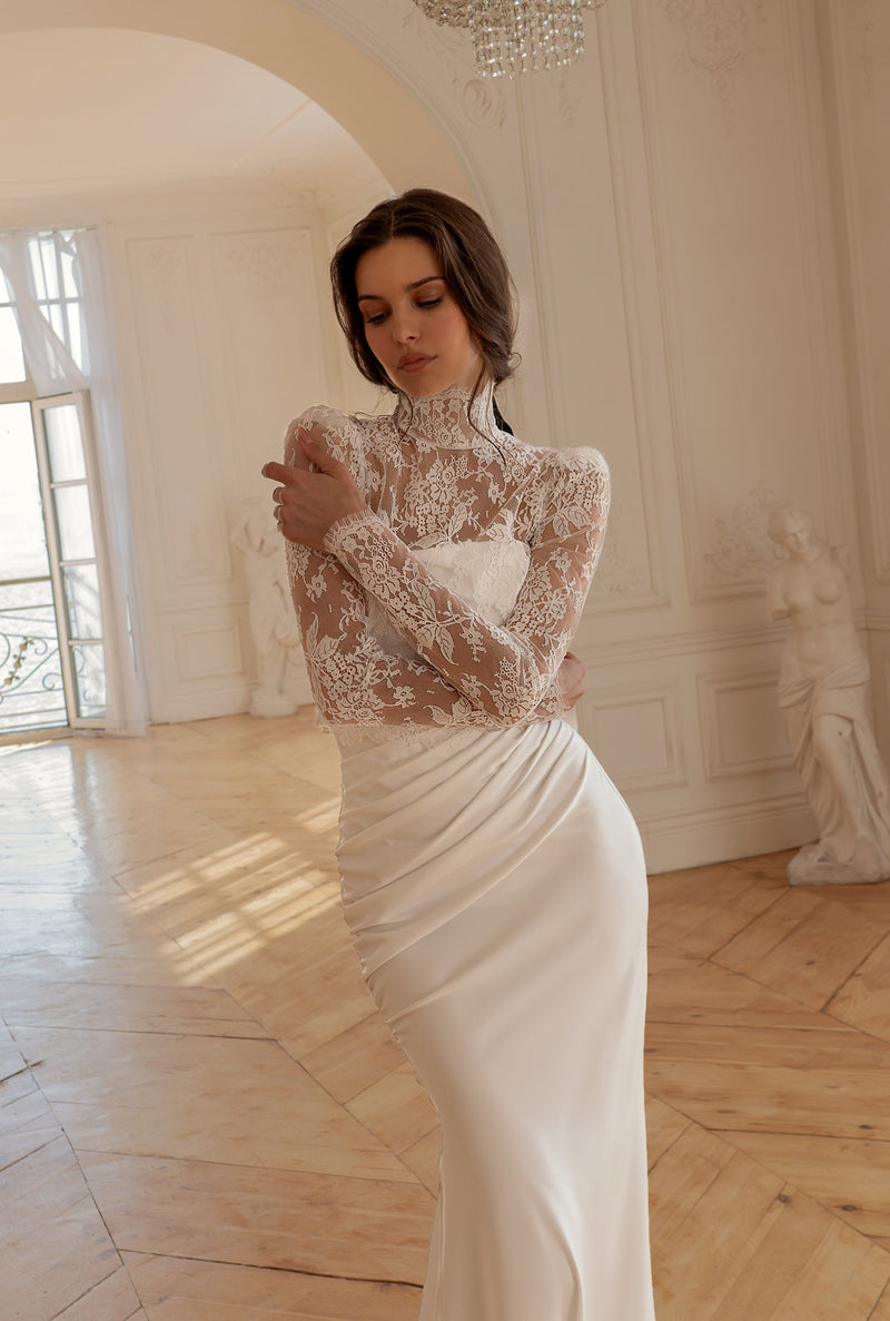 silk and lace wedding dress Elegant Matte Satin Mermaid Wedding Dress with Detachable Lace Bolero