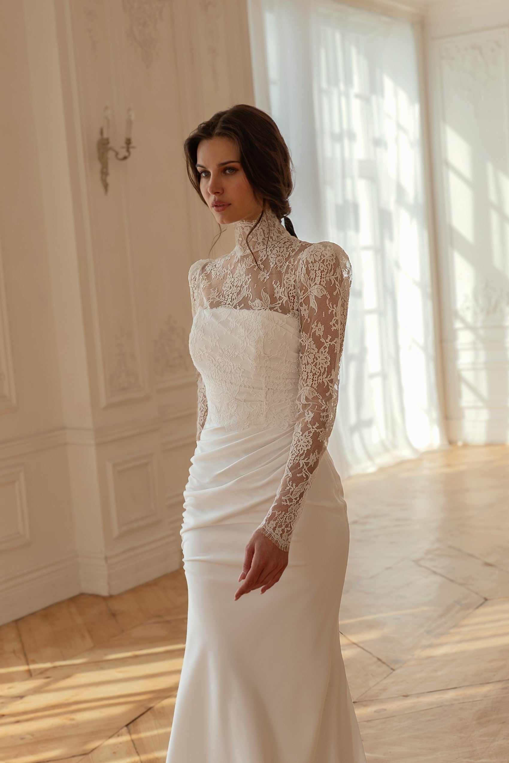 Elegant Matte Satin Mermaid Wedding Dress with Detachable Lace Bolero