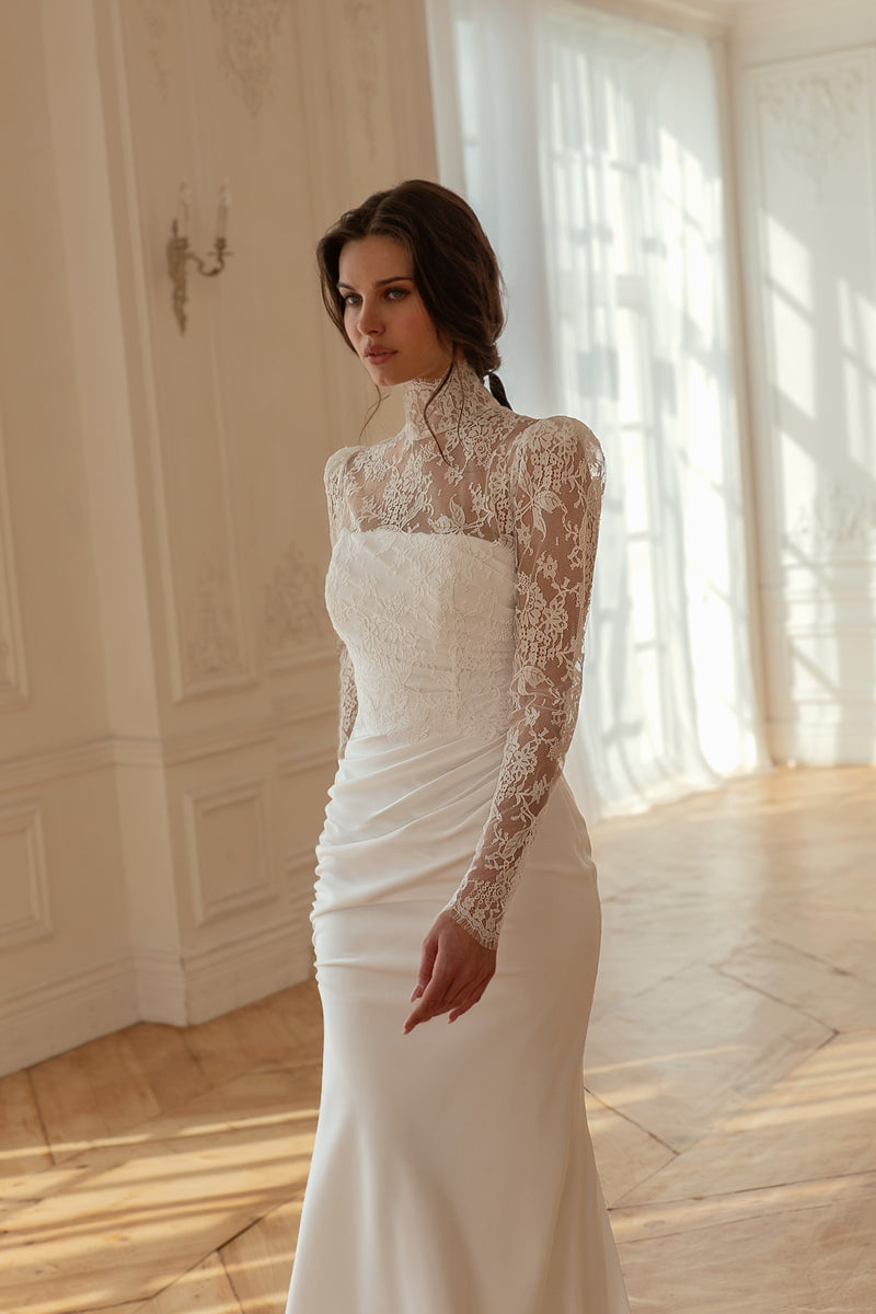 Elegant Matte Satin Mermaid Wedding Dress with Detachable Lace Bolero