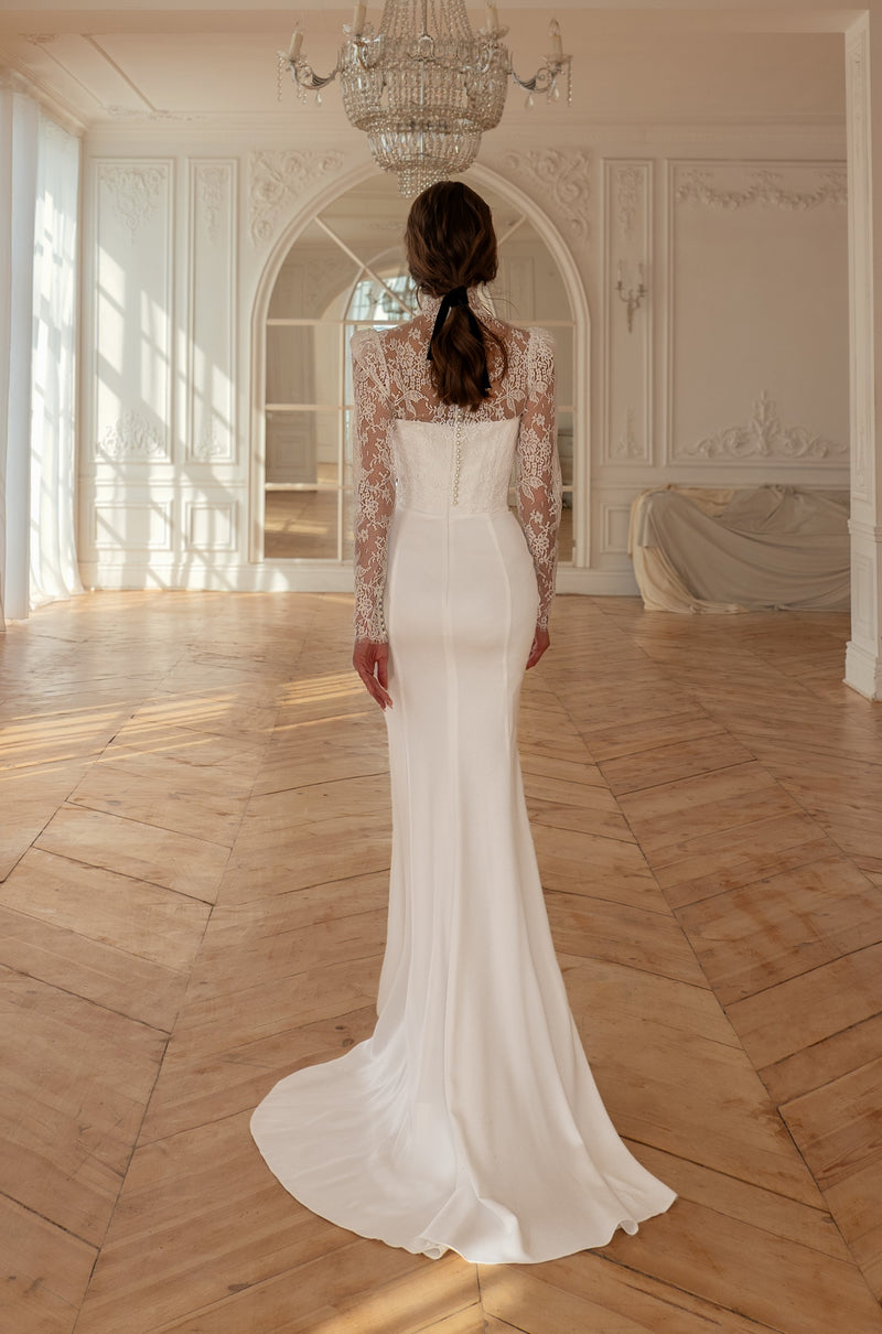 Elegant Matte Satin Mermaid Wedding Dress with Detachable Lace Bolero | Harems Brides EU44