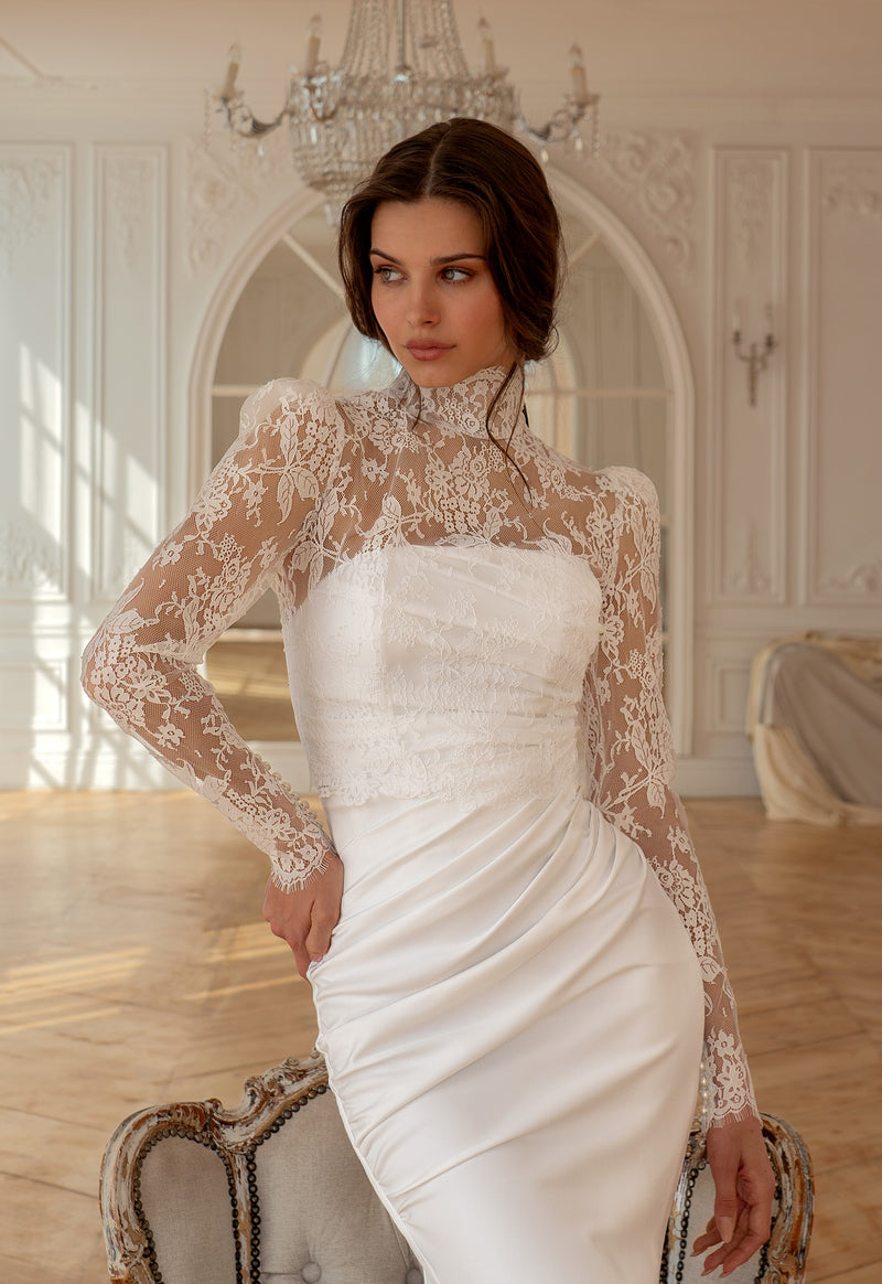 Elegant Matte Satin Mermaid Wedding Dress with Detachable Lace Bolero | Harems Brides EU44
