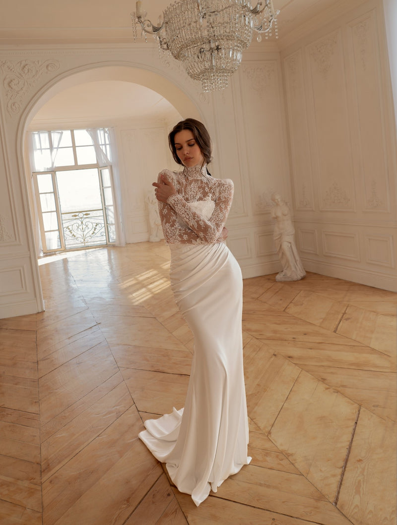 Elegant Matte Satin Mermaid Wedding Dress with Detachable Lace Bolero HAREM's Brides Elegant Matte Satin Mermaid Wedding Dress with Detachable Lace Bolero HAREM's Brides