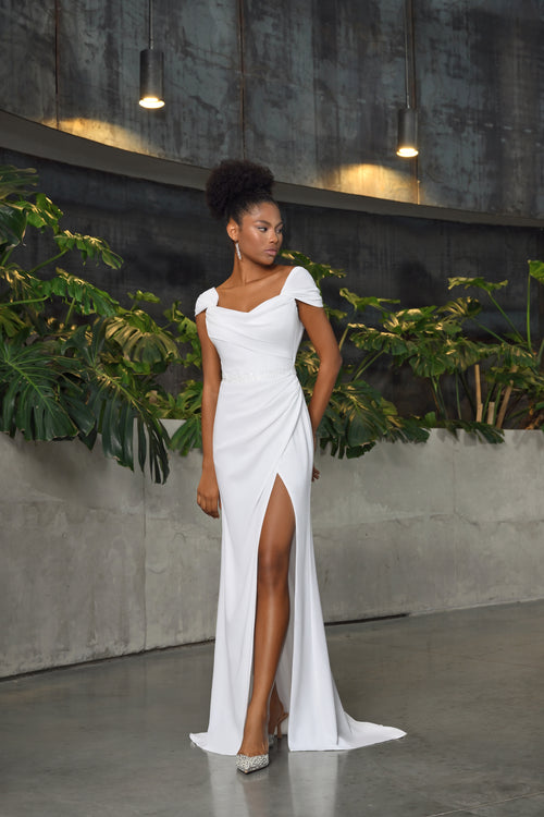 Vestido de noiva minimalista sereia Off-Soulder com fenda nas pernas altas