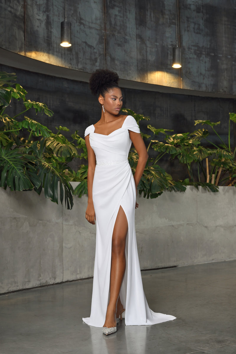 Off-Soulder Mermaid Minimalist Wrap Wedding Dress with High Leg Slit