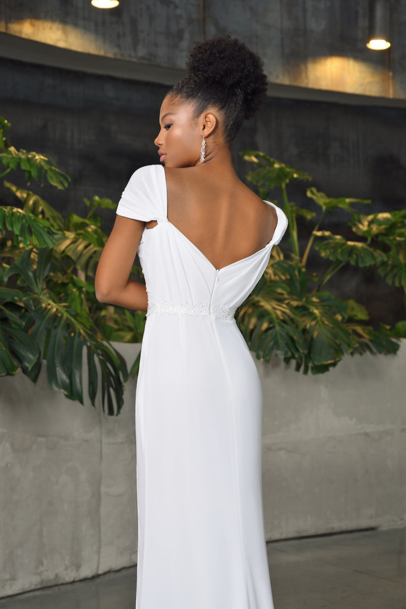 Off-Soulder Mermaid Minimalist Wrap Wedding Dress with High Leg Slit