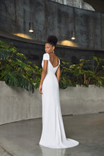 Off-Soulder Mermaid Minimalist Wrap Wedding Dress with High Leg Slit