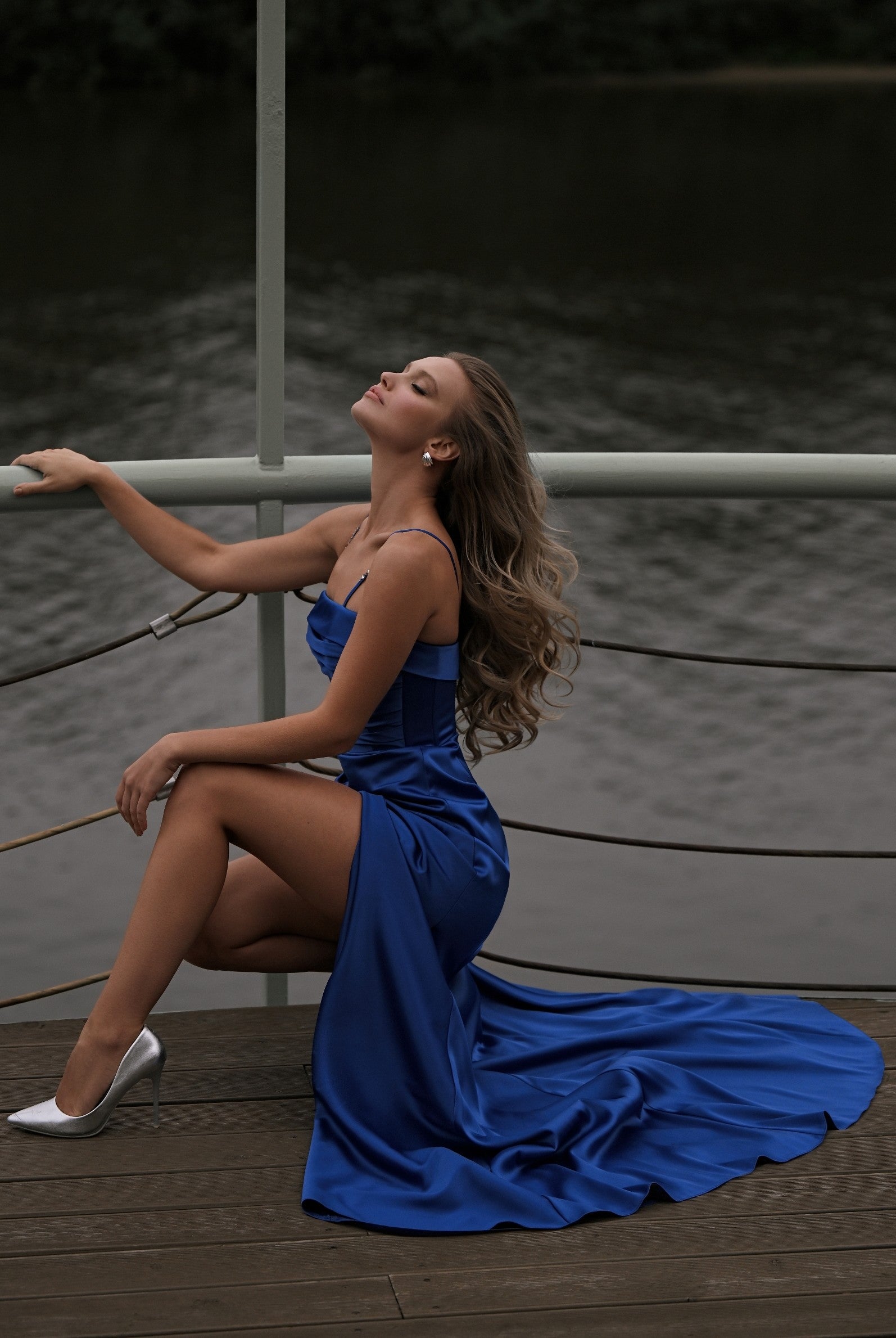 Satin Draped Spaghetti Strap Evening Dress with High Slit | Midnight Harbor Satin Draped Spaghetti Strap Evening Dress with High Slit | Midnight Harbor