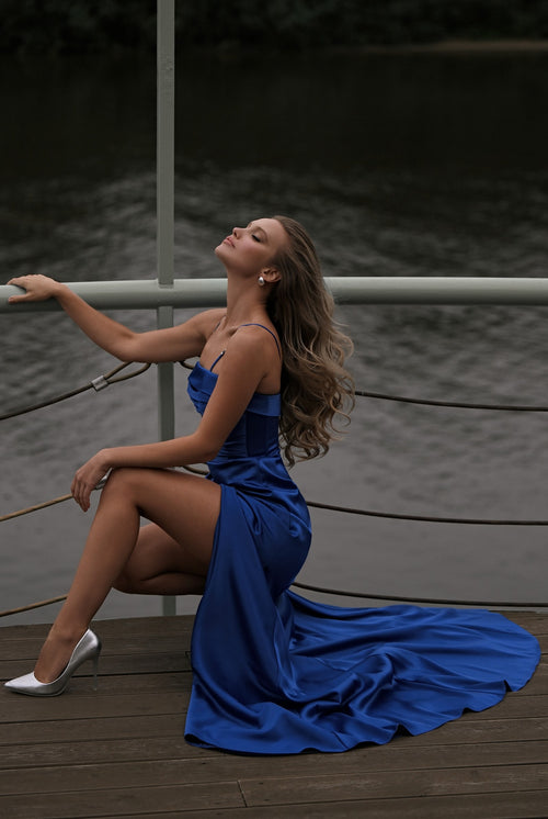 ✨ Satin Draped Spaghetti Strap Evening Dress with High Slit | Midnight Harbor