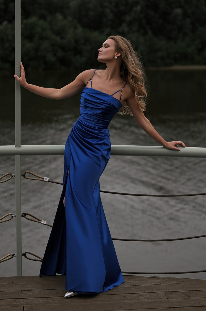 high slit party dress J'Adore Dresses J25001 - Spaghetti Strap High Slit Evening Dress 6 / Plum