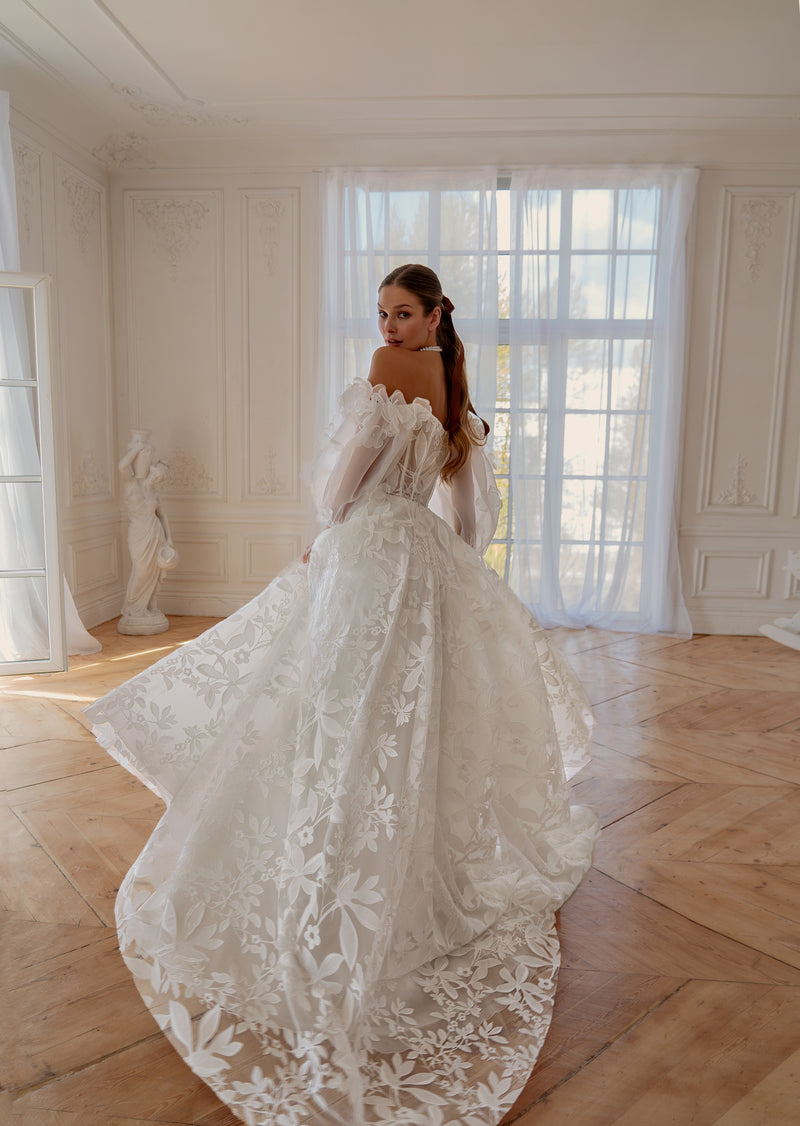Romantic Lace and Organza Off-Shoulder Corset Ball Gown Wedding Dress HAREM's Brides Romantic Lace and Organza Off-Shoulder Corset Ball Gown Wedding Dress HAREM's Brides