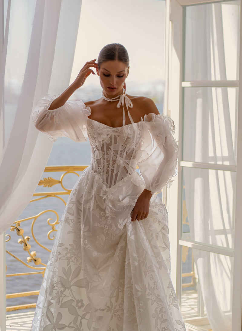 shoulder wedding princess ball gown corset wedding dress Long sleeve off the shoulder lace wedding dress, romantic princess bal