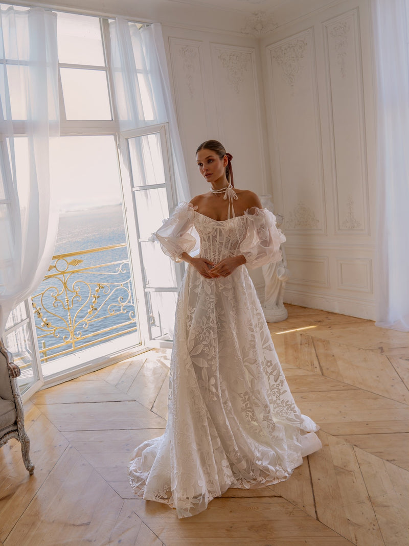 Romantic Lace and Organza Off-Shoulder Corset Ball Gown Wedding Dress with Puffy Sleeves Made to Measure Romantic Lace and Organza Off-Shoulder Corset Ball Gown Wedding Dress with Puffy Sleeves Made to Measure