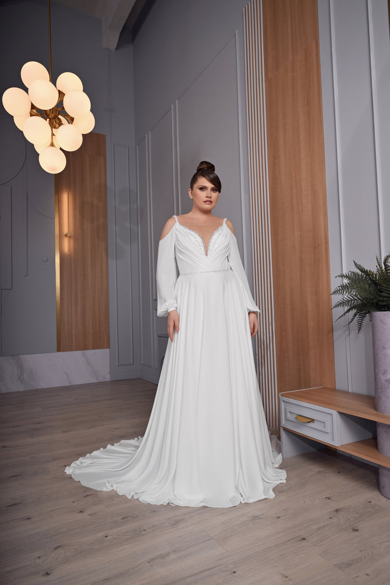 Superbe robe de mariée trapèze à manches longues et grande taille