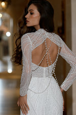 Glittering Long-Sleeve Mermaid Wedding Dress with Beaded Details and Open Back
