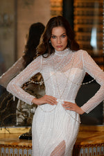Glittering Long-Sleeve Mermaid Wedding Dress with Beaded Details and Open Back