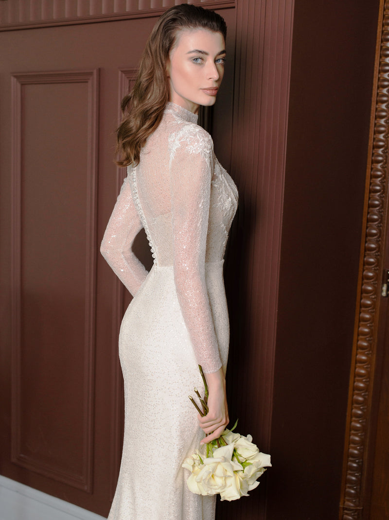 High Neck Long Sleeve Mermaid Glitter Wedding Dress