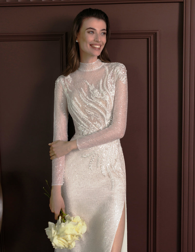 High Neck Long Sleeve Mermaid Glitter Wedding Dress
