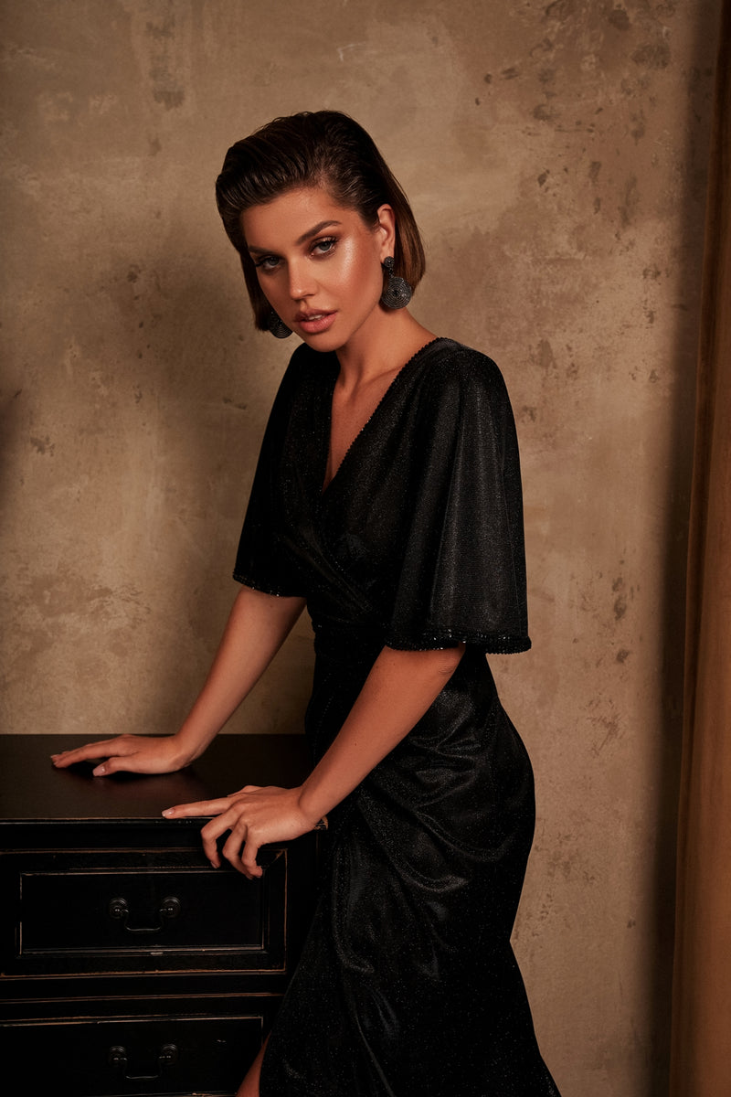 Short Sleeve Sparkle Wrap Midi Black Dress HAREM's Brides Short Sleeve Sparkle Wrap Midi Black Dress HAREM's Brides