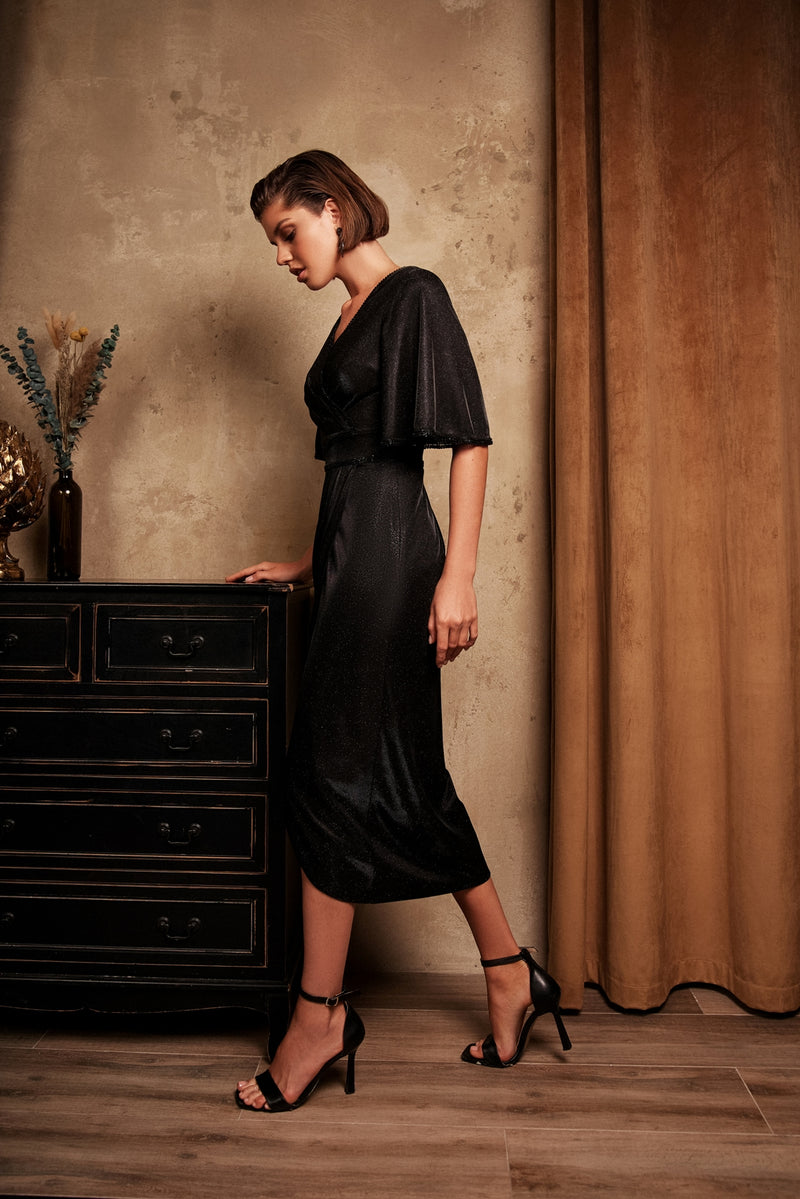 Short Sleeve Sparkle Wrap Midi Black Dress