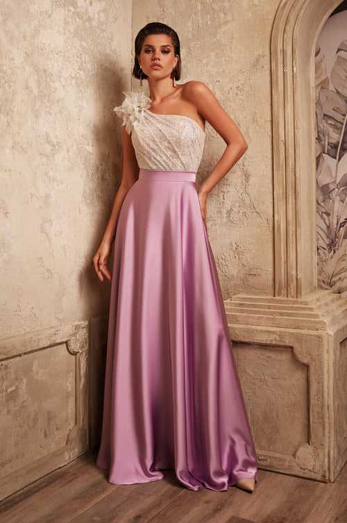 One-Shoulder Long Evening Dress with a Unique 3-D flower