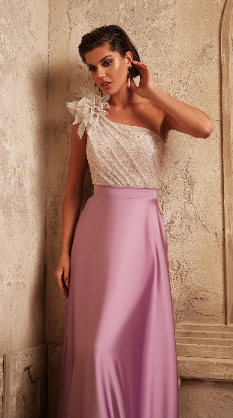 One-Shoulder Long Evening Dress with a Unique 3-D flower One-Shoulder Long Evening Dress with a Unique 3-D flower