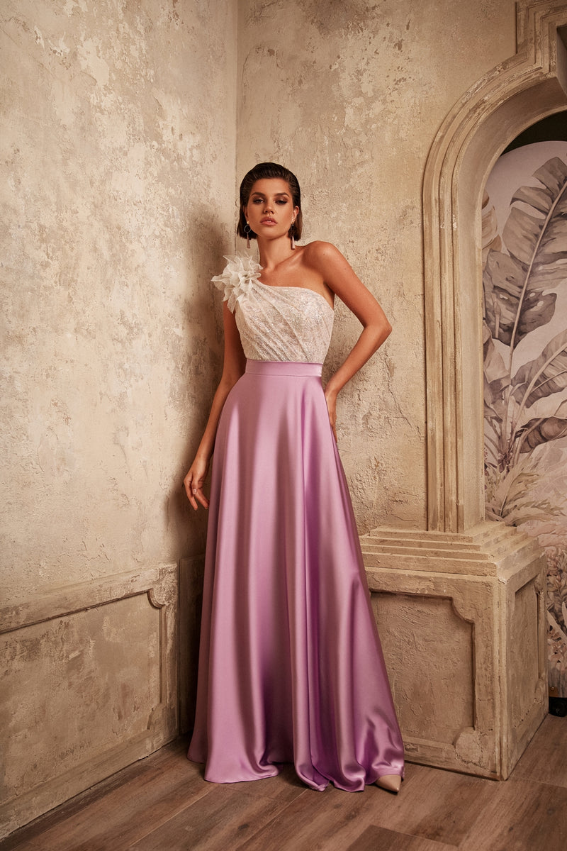 One-Shoulder Long Evening Dress with a Unique 3-D flower HAREM's Brides One-Shoulder Long Evening Dress with a Unique 3-D flower HAREM's Brides