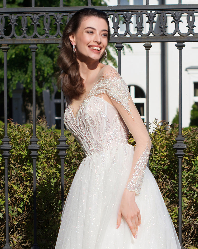 Glitter Long Sheer Sleeve Sweetheart A-Line Wedding Dress