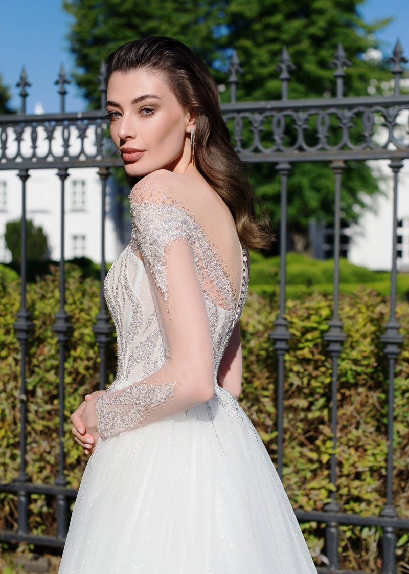 Glitter Long Sheer Sleeve Sweetheart A-Line Wedding Dress