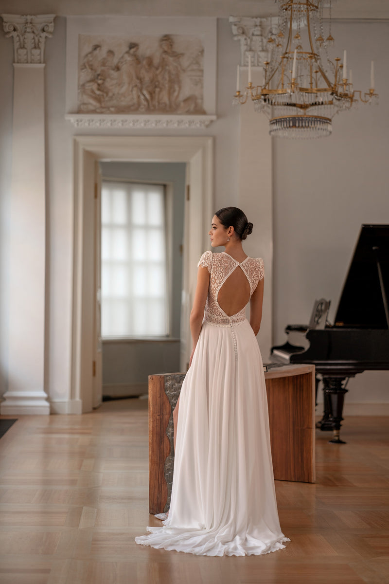V-Neck A-Line Wedding Dress with Open Back and Slit HAREM's Brides V-Neck A-Line Wedding Dress with Open Back and Slit HAREM's Brides