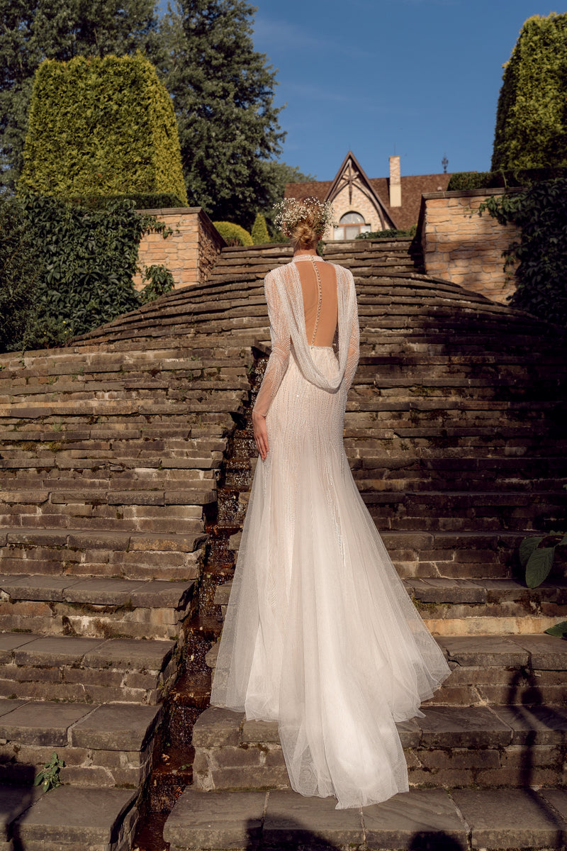 long sleeve illusion dress Long Sleeve Illusion Embroidered Tulle Ballgown missy / 18 / White