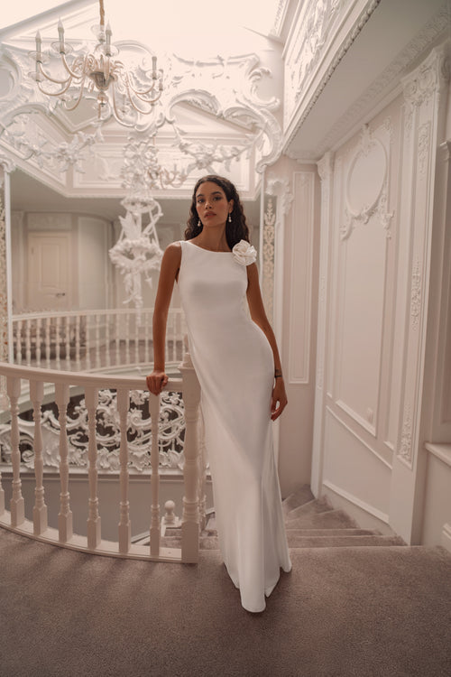 Minimalist Silk Column Wedding Dress with Floral Shoulder Accent | Modern Muse Atelier