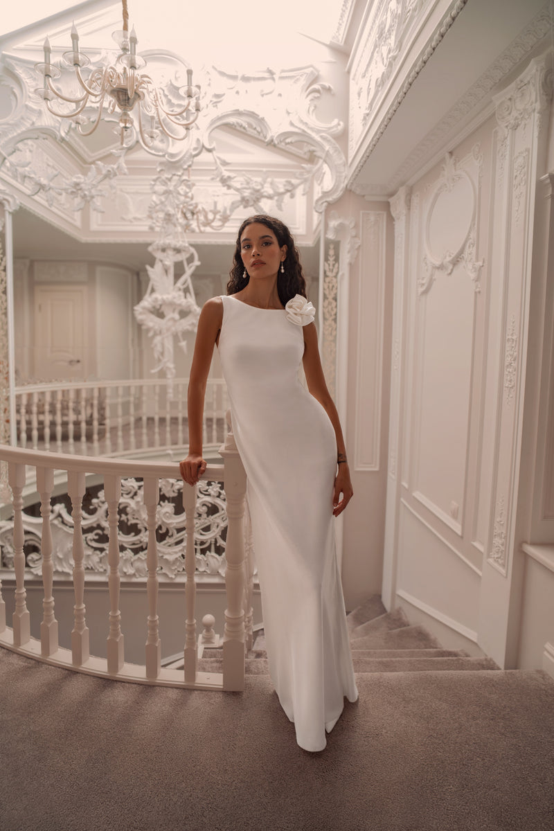 Minimalist Silk Column Wedding Dress with Floral Shoulder Accent